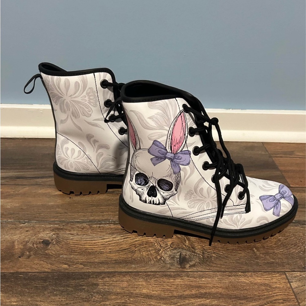 Women's Lace-Up Boots with Skull Bunny Design - White and Purple